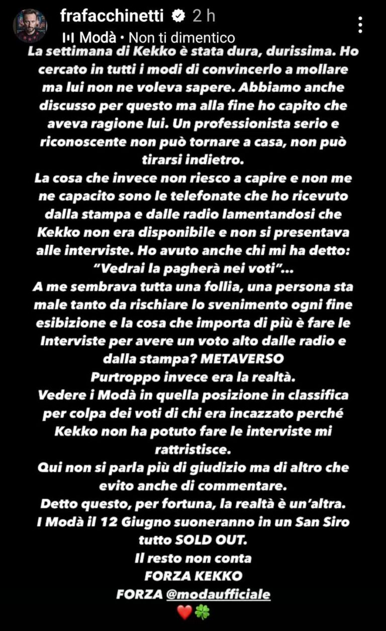 Sanremo 2025: Kekko dei Modà Infortunato, Facchinetti si scaglia contro i media.
